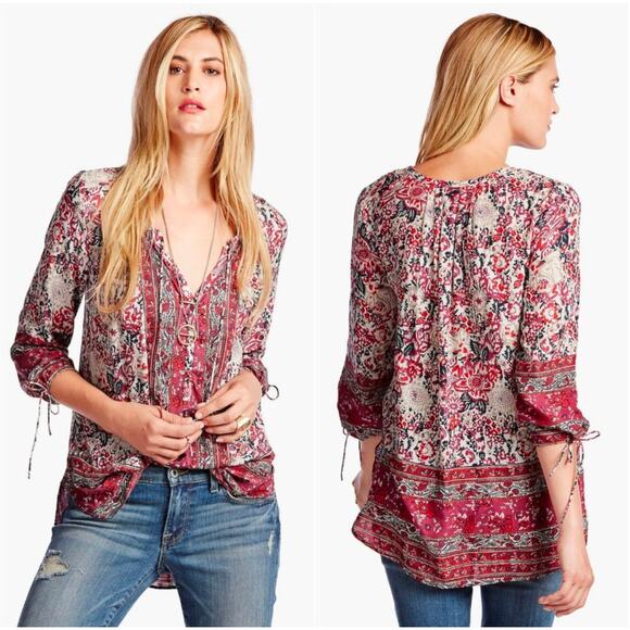 Lucky Brand Floral Woodblock Peasant Blouse - Picture 1 of 15